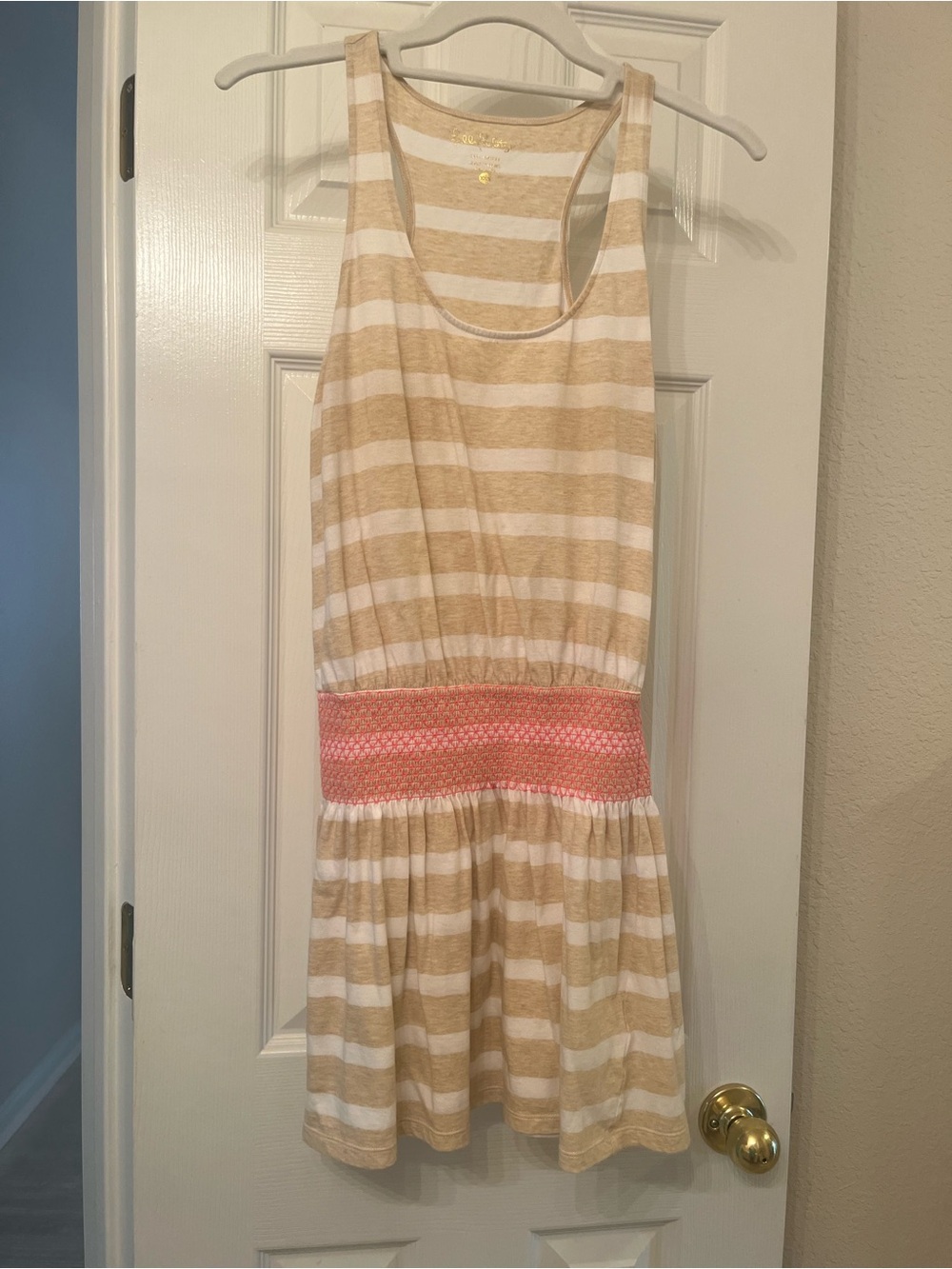Lilly Pulitzer Beige and White Striped Mini Dress with Pink Smocked Waist XXS